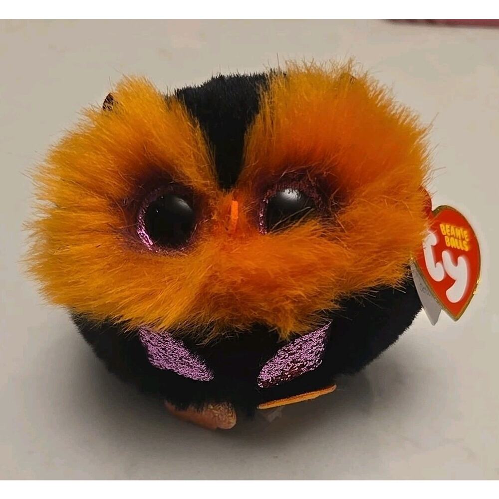 TY Puffies (Beanie Balls) Orange & Black Plush - WHODINI the Owl - NWT